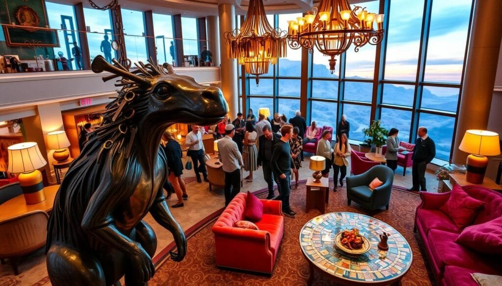 A whimsical and eclectic hotel lobby, bathed in warm, soft lighting. In the foreground, a larger-than-life bronze sculpture of a curious creature, its form a playful amalgamation of animals and architectural elements. Surrounding it, an array of unique, handcrafted furnishings and decor, each piece a conversation starter - a quirky chandelier made of repurposed keys, a plush velvet sofa in a vibrant hue, a mosaic-tiled coffee table. In the middle ground, guests mingle, their faces alight with wonder and delight at the one-of-a-kind setting. The background reveals expansive windows offering glimpses of a surreal, dreamlike landscape outside, hinting at the extraordinary experiences that await within this extraordinary hotel.