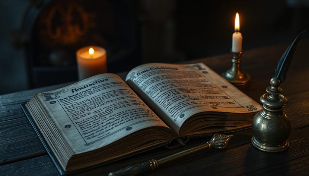 An ancient tome, its weathered pages revealing the mysterious prophecies of Nostradamus, lies open on a wooden table. Dim candlelight casts an otherworldly glow, illuminating the arcane symbols and cryptic writings scrawled across the parchment. The background is shrouded in shadows, hinting at the esoteric nature of the subject matter. A quill and an antique brass inkwell sit nearby, as if the legendary seer himself had just stepped away. The composition evokes a sense of timelessness and the intangible power of the unseen. The image captures the essence of Nostradamus' enduring legacy and the intrigue surrounding his prophetic visions.