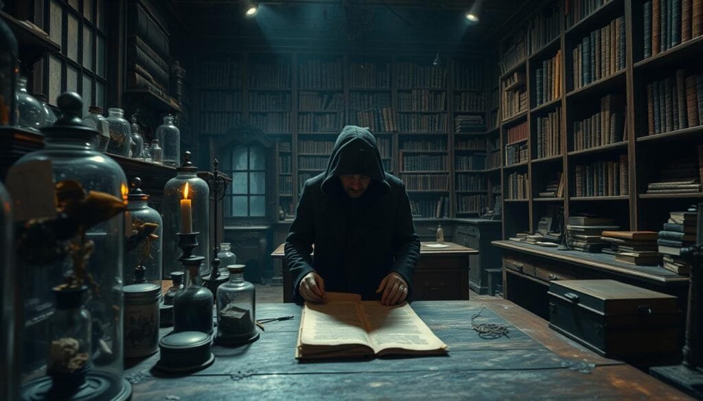 An eerie, antiquated laboratory filled with curious medical instruments and dusty tomes. In the foreground, a shadowy figure examines an aged parchment, surrounded by jars containing strange biological specimens. The middle ground reveals a large, ornate oak desk with a glowing candle casting an amber glow. In the background, towering bookshelves line the walls, hinting at the forgotten knowledge they contain. The overall atmosphere evokes a sense of the uncanny, as if the very air is charged with the weight of humanity's most unusual afflictions. A moody, cinematic lighting scheme casts dramatic shadows, adding to the palpable tension. Compelling and unsettling, this image captures the intriguing history and origins of the most peculiar psychological disorders.