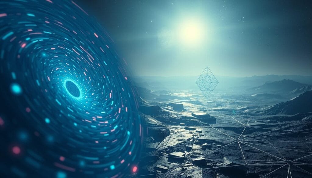 An ethereal landscape of temporal loops, where entropy reigns supreme. In the foreground, a kaleidoscopic vortex of energy, its swirling patterns a visual representation of the arrow of time. The middle ground features a shimmering, holographic structure, its geometric forms hinting at the underlying fabric of the spacetime continuum. In the distance, a hazy, fragmented horizon, suggesting the blurring of past, present, and future. Casting an eerie, otherworldly glow, the scene is illuminated by a soft, diffuse light, as if glimpsed through the lens of a time-lapsed camera. The overall atmosphere evokes a sense of cosmic uncertainty, where the laws of physics are in a delicate, ever-shifting balance.