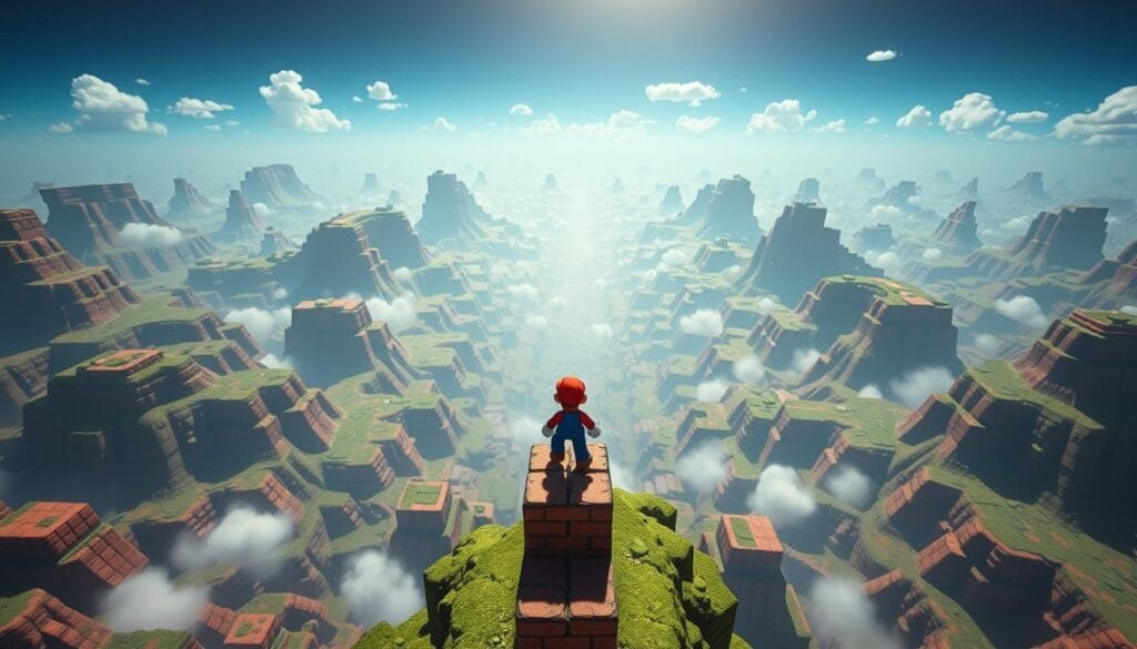 An expansive, boundless Super Mario Bros. world, stretching into the infinite. The pixelated protagonist traverses a never-ending landscape, exploring glitched terrain and unseen pathways. Gravity-defying platforms float in the sky, while distorted landscapes and warped geometry create a surreal, disorienting atmosphere. Vibrant 8-bit colors and retro pixel art style evoke the nostalgia of classic gaming. Soft, diffused lighting casts an ethereal glow, as if glimpsing a digital dream. The camera angles shift dynamically, capturing the vastness and disorientation of this unprecedented, game-breaking level. A seminal moment in software history, where the bounds of the system were tested and broken, leading to unintended, captivating results.
