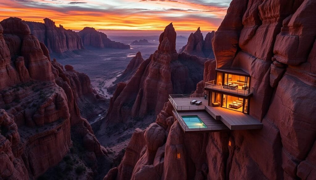 An expansive, luxurious suite suspended high above a rugged, otherworldly landscape. Towering rock formations in shades of burnt ochre and dusty sienna jut skyward, casting dramatic shadows. A crystalline infinity pool reflects the vibrant hues of the sky, which shifts from warm amber to deep indigo as the sun dips below the horizon. Warm lighting emanates from the suite's expansive windows, inviting guests to bask in unparalleled comfort and tranquility, a world away from the ordinary. The scene exudes a sense of enchantment and exclusivity, a singular experience of opulence in a truly inimitable setting.