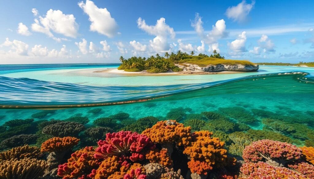 Archipiélago de Florida Keys, a sun-drenched cluster of tropical islands, emerges from the turquoise waters of the Gulf of Mexico. Lush palm trees sway gently, casting soft shadows on the pristine white sand beaches. Crystalline waves crash against the rugged limestone cliffs, revealing hidden coves and secluded mangrove lagoons teeming with diverse marine life. Vibrant coral reefs, in shades of red, yellow, and purple, create an underwater wonderland, inviting scuba divers and snorkelers to explore its mysteries. Warm, golden light filters through wispy clouds, bathing the entire scene in a dreamy, enchanted atmosphere. This is the "Jewel of the Florida Keys," a captivating archipelago that holds the secrets of a forgotten paradise.