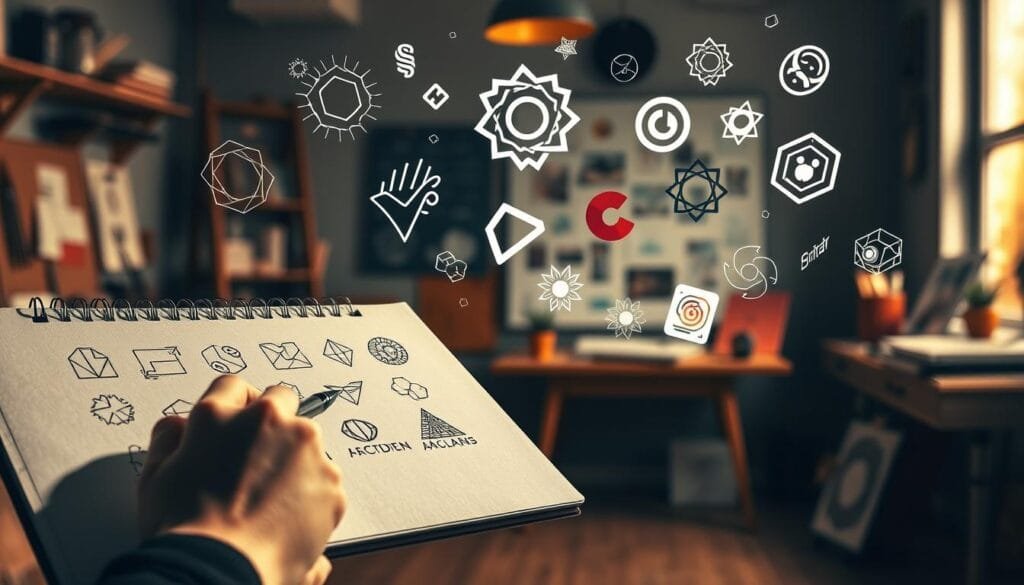 Artistic, meticulously detailed image of creative logo design tactics. In the foreground, a stylized designer's hand sketching a series of abstract geometric shapes and symbols on a sketchpad. In the middle ground, various logo concepts and design elements float in a whimsical, surreal composition - dynamic lines, hidden patterns, optical illusions. The background features a softly blurred studio setting with design tools, inspiration boards, and visual references. Warm, moody lighting casts dramatic shadows, creating a pensive, contemplative atmosphere. Rendered in a high-resolution, photorealistic style with keen attention to textures, materials, and subtle visual nuances.