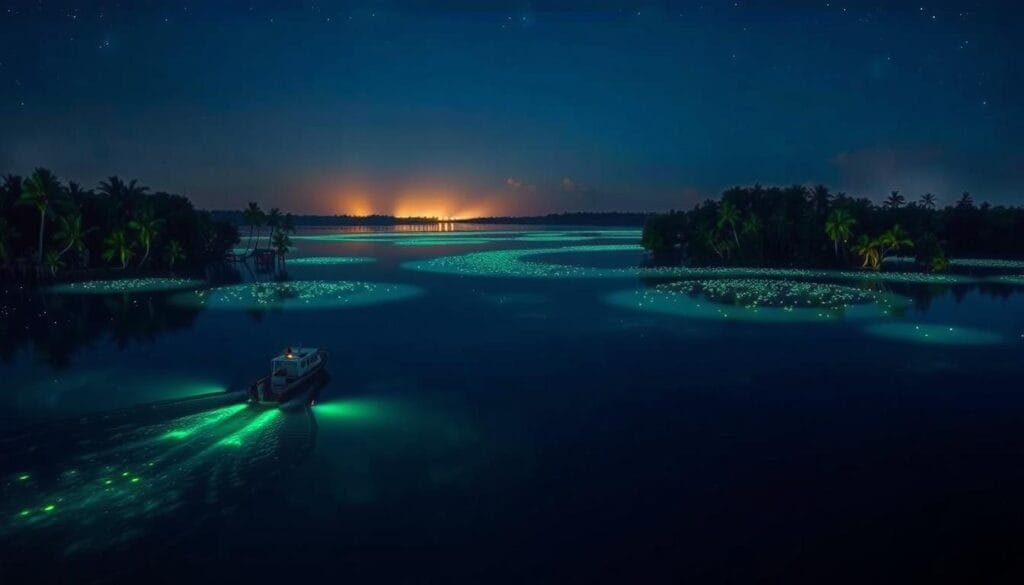 Bioluminescent bays at dusk, with glowing plankton illuminating the still, midnight-blue waters. The surface shimmers and sparkles, reflecting the starry night sky. In the foreground, a small boat glides silently, its wake leaving a trail of luminescent green. Surrounding the bay, lush, verdant mangroves and palm trees stand tall, their silhouettes creating a dramatic, shadowy backdrop. The lighting is soft and atmospheric, with a warm, golden glow on the horizon, creating a sense of tranquility and wonder. The overall scene evokes a magical, otherworldly atmosphere, showcasing the mesmerizing beauty of nature's own bioluminescence.