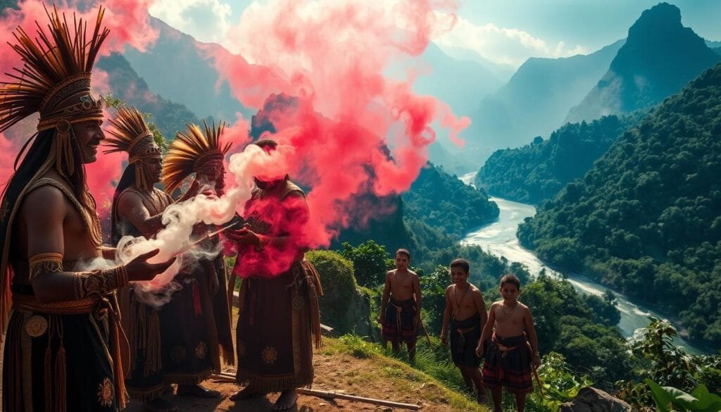 Ceremonial cultural transition rituals unfold in a vivid, mystical scene. In the foreground, tribal elders perform a sacred ceremony, adorned in intricate ceremonial robes and masks. Clouds of incense drift through the air, casting a hazy, ethereal glow. In the middle ground, initiates undergo a rite of passage, their faces painted in symbolic patterns. The background depicts a lush, verdant landscape, with towering mountains and a shimmering river. Dramatic lighting filters through the dense foliage, creating dramatic shadows and highlights. The overall atmosphere is one of profound spirituality, ancient tradition, and cultural transformation.