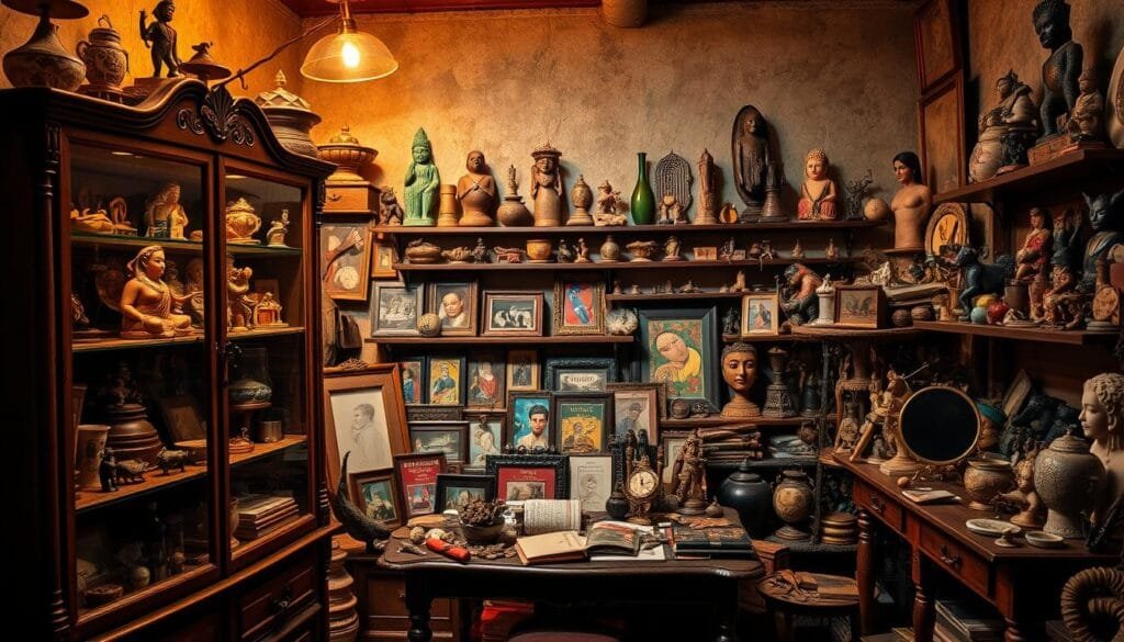 Colourful, eclectic display of unusual global collections, showcasing the diverse passions and eccentricities of collectors worldwide. An array of vintage trinkets, rare artefacts, and one-of-a-kind curiosities arranged artfully in a dimly lit, cozy room. Soft, warm lighting casts a glow across the diverse assortment, highlighting the intricacies and textures of each item. In the foreground, an ornate cabinet holds a curated selection of peculiar specimens, antique books, and enigmatic objects. In the middle ground, shelves and tables display a vibrant tapestry of cultural relics, from ancient idols to modern novelties. The background features a textured, weathered wall, adding depth and a sense of timelessness to the scene. An atmosphere of mystery and wonder pervades the image, inviting the viewer to explore and discover the stories behind these unusual global collections.