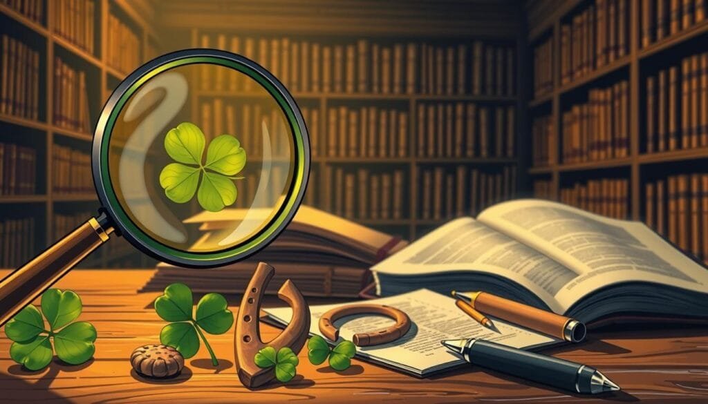 Detailed analysis of popular myths, a meticulously crafted illustration. In the foreground, a magnifying glass hovers over a collection of iconic mythological symbols - a four-leaf clover, a rabbit's foot, a horseshoe. The middle ground features a scholarly workspace, with open books, notes, and a pen poised to uncover the truth. The background depicts a dimly lit library, shelves of ancient tomes casting shadows, suggesting the depth of research required to debunk long-held beliefs. Warm, golden lighting illuminates the scene, creating an atmosphere of contemplation and intellectual rigor. Crisp, high-resolution details capture the careful examination of these enduring myths.