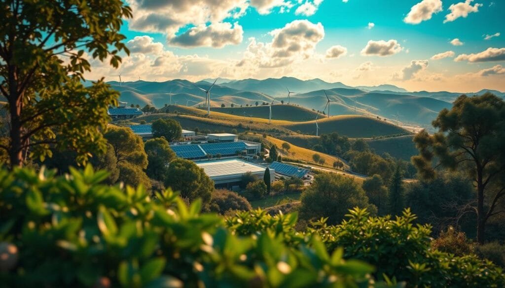 Detailed landscape depicting strategies for climate resilience. In the foreground, lush green plants and trees symbolize thriving ecosystems. In the middle ground, modern sustainable architecture with solar panels and wind turbines. In the background, undulating hills and a vibrant sky with scattered clouds. Warm, golden lighting casts a hopeful glow, creating a sense of optimism and progress. The scene conveys a balance between nature, technology, and human ingenuity working in harmony to address the challenges of climate change.