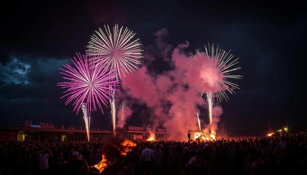 Dramatic explosion of colorful fireworks bursting against a dark, ominous sky. In the foreground, a crowd of festival-goers engrossed in a dangerous, high-adrenaline event - perhaps an extreme sport, fire ritual, or other perilous activity. Dramatic lighting illuminates the scene, casting long shadows and creating a sense of unease. The overall atmosphere is one of excitement, adventure, and an underlying current of risk and potential disaster. The composition emphasizes the dichotomy between the allure of dangerous thrills and the lurking threat of catastrophe.