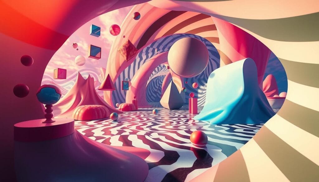 Dramatic optical illusions in a surreal, mind-bending landscape. Twisted, distorted shapes and patterns that defy visual perception. Floating geometric figures, warped planes, and cascading colors that challenge the observer's sense of reality. Shadows and reflections that blur the boundaries between the physical and the imaginary. Precise, photorealistic rendering with subtle, dramatic lighting that enhances the disorienting and captivating effect. An immersive scene that showcases the astounding power of the human visual system to be deceived by its own interpretations.