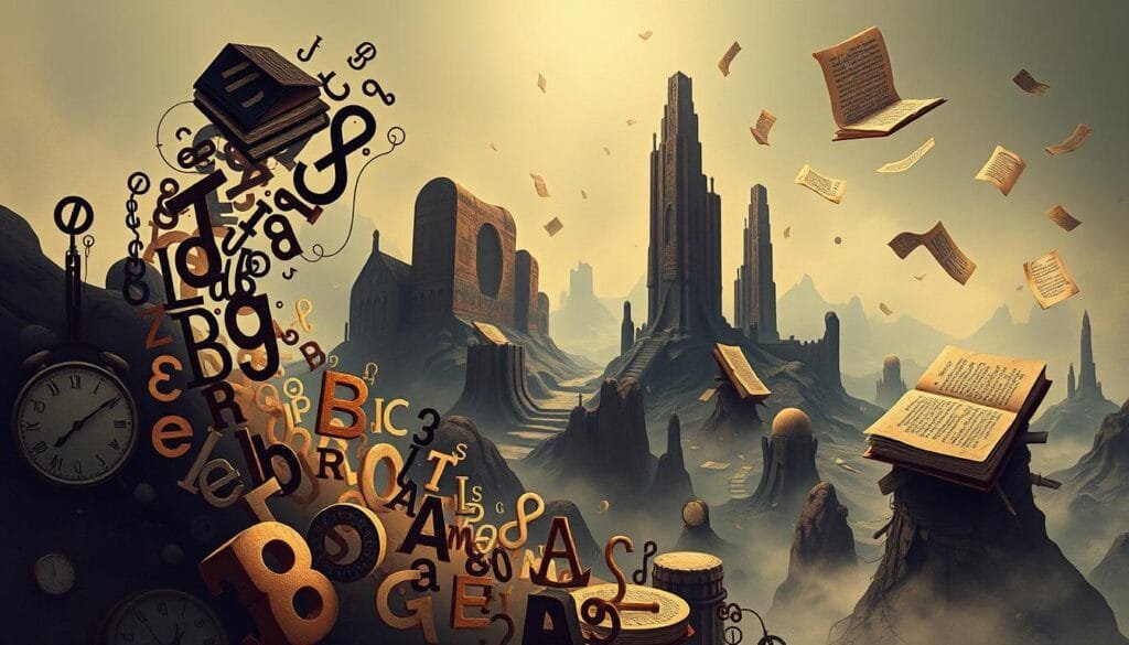 Evolución de palabras con significados ocultos: a surreal illustration depicting the hidden histories and evolutions of common everyday words. In the foreground, a cascading flow of abstract letterforms and glyphs, each transforming and morphing into the next, as if unraveling a secret linguistic code. The middle ground features a dreamlike landscape, with towering book-like structures and floating fragments of text drifting through the air, hinting at the buried origins and connotations of language. The background is shrouded in a muted, ethereal atmosphere, suggesting the elusive, enigmatic nature of the evolution of meaning. Illuminated by soft, warm lighting, the entire scene has a sense of mystery and discovery, inviting the viewer to peel back the layers of the words we use.