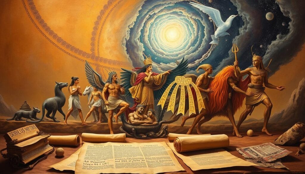 Evolving Myths: A Historical Journey through Belief Systems An oil painting depicting the historical evolution of popular myths and beliefs. In the foreground, ancient hieroglyphics and parchment scrolls represent the origins of mythological narratives. The middle ground showcases a collage of mythical figures from various cultures - Greek, Egyptian, and Asian - merging and transforming over time. In the background, a swirling cosmic backdrop suggests the persistent influence of these beliefs on the collective human psyche. Warm, muted tones create a sense of timelessness, while dramatic lighting casts an air of mystery and reverence upon the evolving mythological landscape.