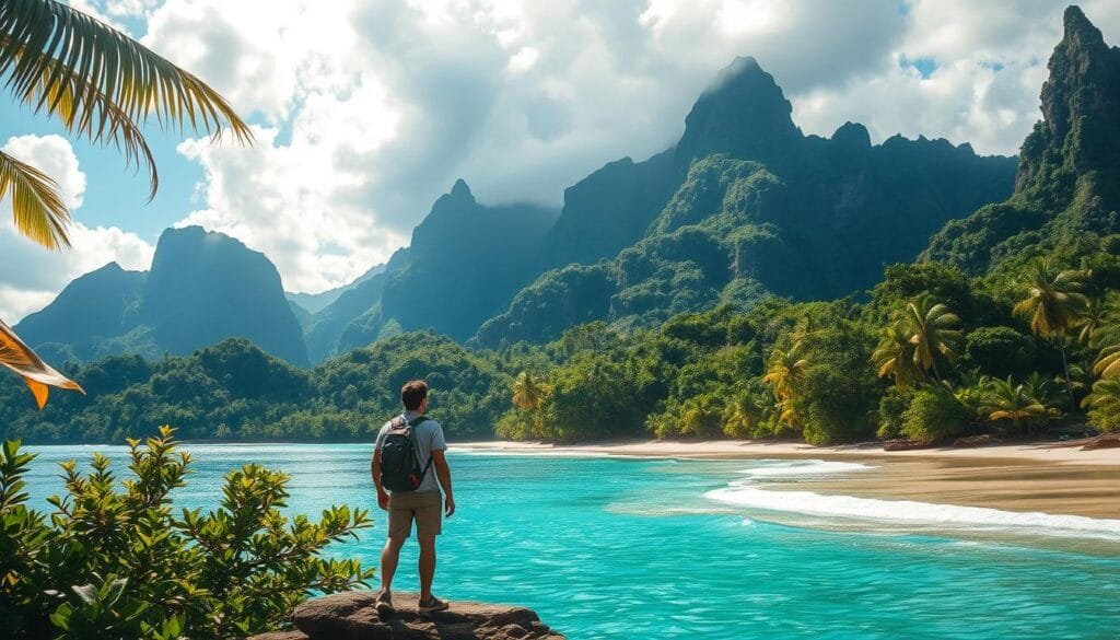 Experiences on mysterious islands: A breathtaking tropical paradise, lush with vibrant flora and fauna. Majestic mountains rise in the distance, their mist-shrouded peaks inviting exploration. Pristine beaches stretch along the coastline, with crystal-clear turquoise waters lapping at the shores. In the foreground, a lone traveler stands in awe, capturing the essence of the island's captivating history, rich culture, and untamed natural beauty. Warm sunlight filters through the canopy, casting a serene glow over the scene. The atmosphere is one of wonder and adventure, beckoning the viewer to immerse themselves in the secrets and wonders of these enigmatic isles.