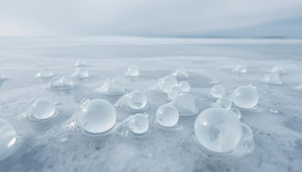 Frozen methane bubbles gently floating in a tranquil, ice-covered lake. The bubbles shimmer with an ethereal, crystalline sheen, their translucent forms reflecting the soft, diffused light from the overcast sky above. The frozen surface of the lake extends into the distance, creating a serene, minimalist landscape. In the foreground, the bubbles are captured in sharp focus, their delicate structures and intricate patterns revealed in exquisite detail. The overall scene conveys a sense of fragile beauty and the otherworldly nature of this rare natural phenomenon.