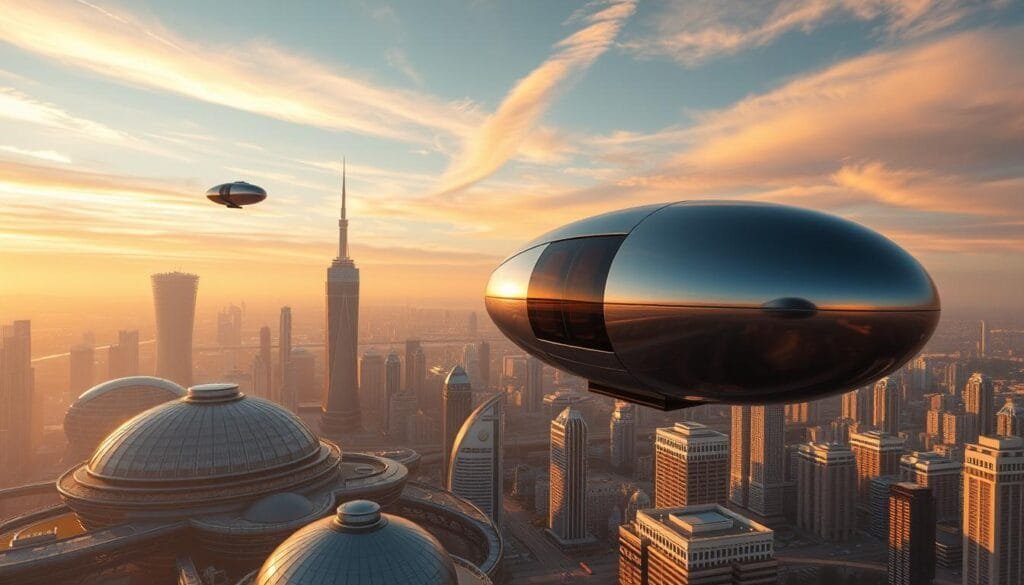 Futuristic skyline of towering covered cities with sleek, streamlined aerial vehicles gliding effortlessly above. Gleaming domed structures of glass and metal, blending seamlessly with the urban landscape. Shimmering, metallic transport pods levitating gracefully, their antigravity technology defying gravity. Vibrant hues of the setting sun cast a warm, ambient glow across the scene, creating a sense of wonder and optimism. Captured through the lens of a wide-angle, cinematic camera, the image conveys a vision of advanced urban design and transportation that feels both plausible and awe-inspiring.