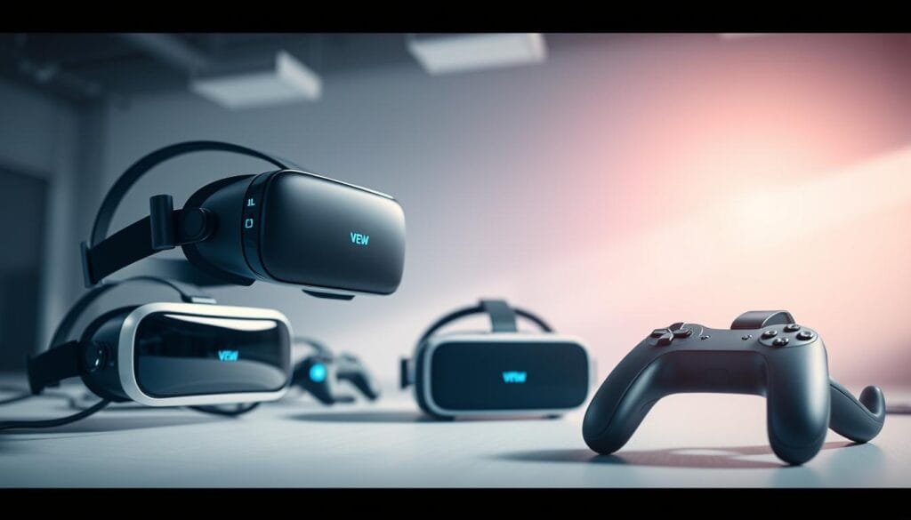 High-quality, detailed virtual reality headsets and controllers displayed in a well-lit, immersive studio setting. Sleek, modern designs with prominent lenses, straps, and buttons. Devices arranged at various angles to showcase their features. Soft, indirect lighting creates an inviting, futuristic atmosphere. Depth of field blurs the background, drawing the viewer's attention to the VR hardware in the foreground. Overall, a visually striking and informative image that highlights the fascinating technological innovations of virtual reality.