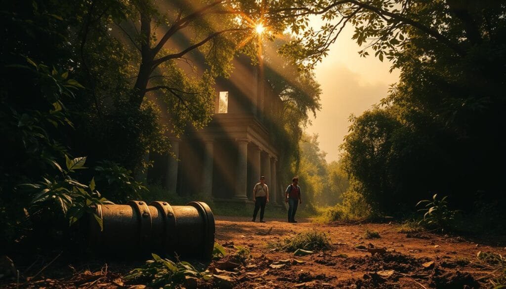 Mitos y realidades de tesoros perdidos: a striking landscape featuring a mysterious ancient ruin, partially obscured by thick foliage, with shafts of warm golden light piercing through the canopy. In the foreground, a rusted treasure chest sits half-buried in the undergrowth, its contents unknown. The middle ground reveals a group of adventurers cautiously exploring the site, their expressions a mix of wonder and trepidation. The background fades into a hazy, dreamlike horizon, hinting at the many untold stories and elusive treasures that remain hidden in the world's forgotten places. Dramatic, cinematic lighting and a moody, atmospheric tone evoke the mysteries and allure of lost relics.