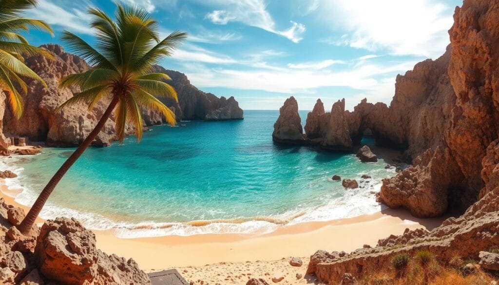 Playa del Amor, a hidden gem nestled along the rugged coastline of Mexico's Baja California Sur. A serene cove framed by towering cliffs, its crystal-clear turquoise waters gently lapping against a pristine golden sand beach. Lush palm trees sway softly in the warm, salty breeze, casting gentle shadows across the picturesque scene. Warm sunlight filters through wispy clouds, illuminating the natural splendor with a soft, ethereal glow. Dramatic rock formations jut out from the shore, their intricate textures and sculpted shapes reflecting the power of the elements. The tranquil atmosphere invites visitors to bask in the beauty of this hidden paradise, a true gem waiting to be discovered.