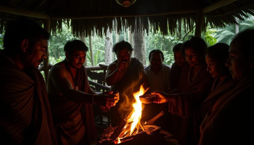 Ritual Yanomami tribal members gather in a dimly lit ceremonial hut, their faces illuminated by the flickering glow of a central fire. They solemnly pass around a vessel containing the ashes of a revered elder, each person taking a solemn sip, honoring the departed with the sacred act of 'consumir cenizas'. The atmosphere is somber and contemplative, the participants wrapped in traditional woven garments, their expressions a mix of reverence and sorrow. In the background, the lush Amazonian forest can be seen through the smoke-stained windows, a reminder of the tribe's deep connection to the land and its cycles of life and death.