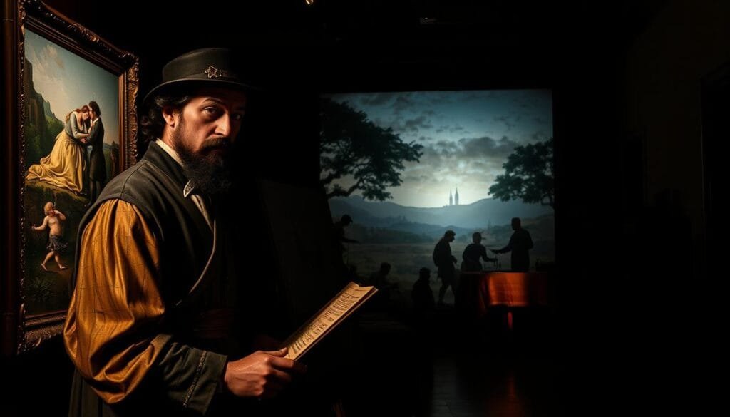 Secretos de artistas históricos: Una galería de vidas fascinantes y sorprendentes. En primer plano, se destaca un pintor del Renacimiento, ataviado con una elegante túnica, inmerso en la creación de una obra maestra. Al fondo, una escena oculta revela un misterioso encuentro entre un escultor y su amante, mientras que en el paisaje circundante se vislumbran las siluetas de varios artistas en sus talleres. La atmósfera es introspectiva y llena de matices, con una iluminación tenue que proyecta sombras dramáticas, invitando al espectador a descubrir los secretos y las vidas extraordinarias de estos personajes históricos.