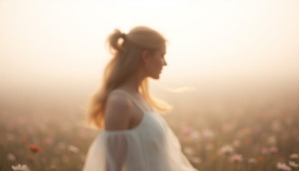 Serene, ethereal landscape with a dreamlike quality. In the foreground, a wispy figure emerges, its features indistinct, hinting at the power of suggestion to shape memories and perceptions. The middle ground features a soft, blurred field of flowers, suggesting the fragility and impermanence of recollections. The background blends into a hazy, ambient light, creating a sense of timelessness and the malleability of reality. Soft, diffused lighting casts a warm, nostalgic glow, evoking a sense of introspection and the subjective nature of our experiences. The overall composition conveys the idea of the subconscious mind's ability to rewrite the past, blurring the lines between fact and fiction.