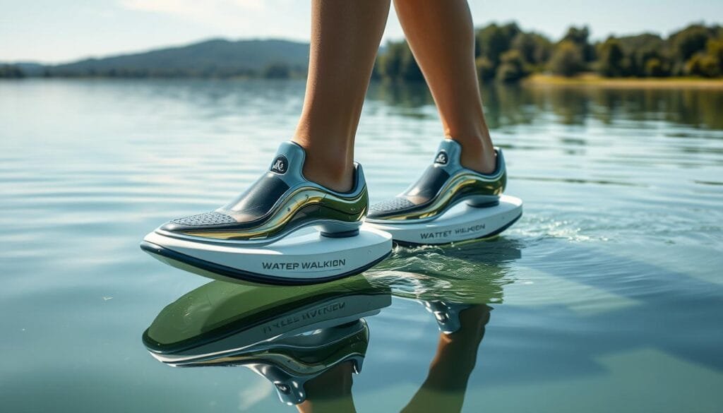 Shoes walking on water, a surreal vision defying gravity. Sleek, futuristic water-walking footwear, their glossy surfaces reflecting the tranquil lake below. Intricate mechanisms hidden within, powered by an unseen energy source. The wearer strides confidently across the glassy surface, their stride graceful and effortless. Bright sunlight bathes the scene, casting dynamic shadows that accentuate the shoes' otherworldly design. An impossible invention, a glimpse into a world where the laws of physics bend to human ingenuity. Poised between the real and the imagined, a captivating scene that challenges our perceptions of what is possible.