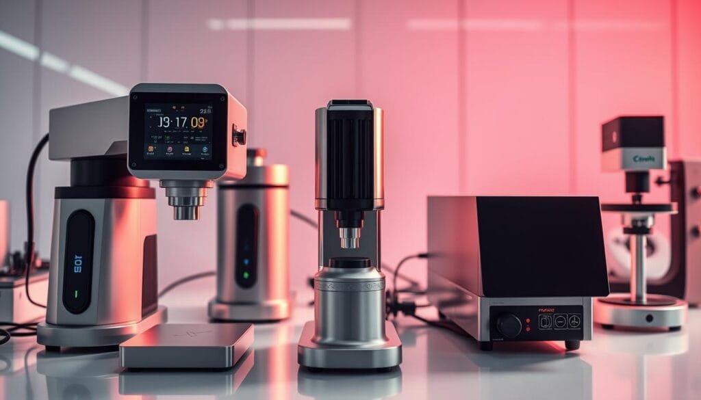 Sleek, modern color measurement technology. A sophisticated array of colorimeters, spectrophotometers, and calibration devices against a backdrop of clean, minimalist laboratory surfaces. Precision-engineered instruments capture the nuances of hue, saturation, and lightness with scientific accuracy. Diffused LED lighting casts an even glow, highlighting the brushed metal and glass components. Dynamic camera angles showcase the interplay of form and function, inviting the viewer to explore the inner workings of this essential toolkit for color control and analysis. An atmosphere of innovation, research, and technical mastery permeates the scene.