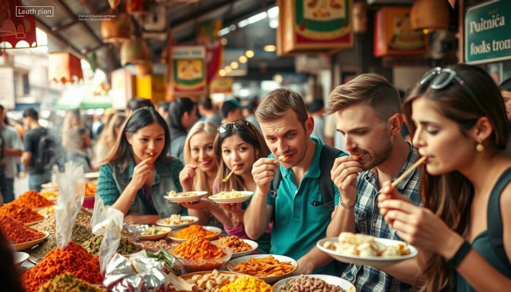 Travelers eagerly sampling exotic cuisines, their faces alight with curiosity and wonder. A bustling open-air market, vibrant spices and aromas fill the air. In the foreground, a group of adventurous diners delicately tasting unfamiliar dishes, expressions ranging from delight to mild trepidation. The middle ground showcases the vibrant array of unfamiliar ingredients and colorful local delicacies. In the background, a lively crowd of locals and fellow travelers, creating an atmosphere of cultural exchange and culinary discovery. Warm, natural lighting illuminates the scene, capturing the warmth and energy of this unique gastronomic experience.