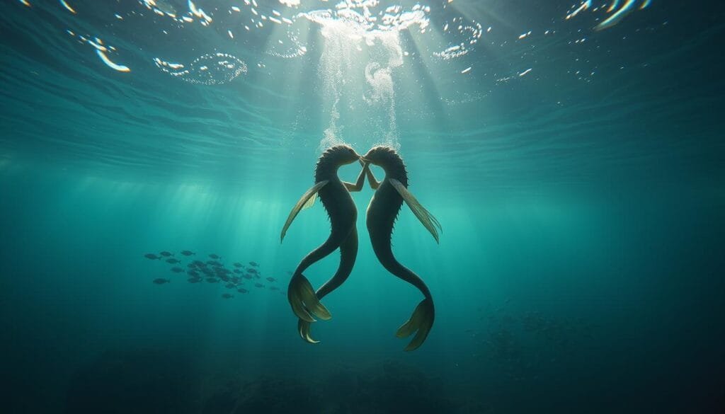 Underwater scene of mystical marine creature mating rituals. In the foreground, two graceful sea creatures perform an intricate dance, their bodies intertwined in a mesmerizing display of courtship. Swirling currents and shimmering rays of light create a dreamlike atmosphere, evoking the hidden wonders of the deep ocean. In the middle ground, schools of smaller fish dart through the water, adding to the sense of vibrant marine life. The background is shrouded in an ethereal haze, suggesting the mysteries and unknowns that still linger in the depths. Soft, diffused lighting casts a warm, otherworldly glow, lending a sense of timelessness to the scene. Captured with a wide-angle lens to emphasize the scale and grandeur of this captivating underwater ballet.