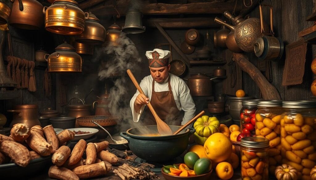 Unusual cooking techniques in an exotic culinary setting: A dimly lit kitchen with antique copper pots and pans hanging from the exposed beams, the air thick with the scent of spices and smoke. In the center, a chef in traditional garb carefully tends to a simmering cauldron, stirring with a long wooden spoon. Nearby, an array of unfamiliar ingredients - strange tubers, brightly colored fruits, and jars of mysterious pickled delicacies. The scene evokes a sense of curiosity and wonder, hinting at the unique and unconventional ways in which this culture prepares its most prized dishes.