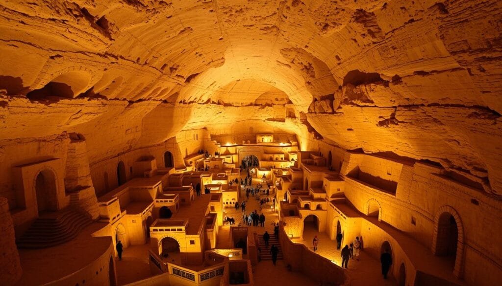 Vast underground city of Kish, Iran, carved into the earth's surface. Expansive subterranean network of interconnected tunnels, chambers, and dwellings bathed in warm, diffused lighting. Intricate stonework and arched ceilings showcase the architectural prowess of ancient builders. Inhabitants go about their daily lives in this hidden oasis, their shadows cast upon the walls. A lens of wonder captures the scale and ingenuity of this forgotten world beneath the sands.