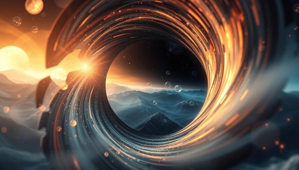 Wormholes and temporal travel: a vivid depiction of the physics of time travel. In the foreground, a swirling vortex of spacetime, its maw gaping open, hinting at the potential to traverse the fabric of reality. Surrounding it, a surreal landscape of bending light, distorted gravity, and the subtle undulations of the quantum realm. In the middle ground, wisps of energy coalescing, suggesting the manipulation of chronological pathways. The background shrouded in an ethereal, dreamlike atmosphere, conveying the profound, almost mystical nature of this scientific frontier. Crisp, high-resolution details, with a cinematic, almost otherworldly lighting that imbues the scene with a sense of wonder and discovery. Capture the essence of wormholes and time travel as envisioned by modern physics.