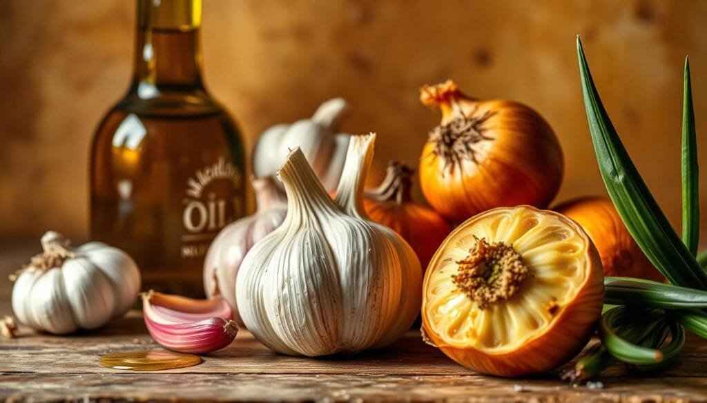 A beautifully lit still life scene showcasing key ingredients for a delicious and healthy recipe - glistening olive oil, plump garlic bulbs, and vibrant onions. The composition frames the items against a warm, earthy backdrop, allowing the colors and textures to shine. Soft, directional lighting casts gentle shadows, creating depth and dimension. The arrangement has a rustic, artisanal feel, hinting at the homemade, wholesome nature of the upcoming dish. An inviting, appetizing scene that captures the essence of the "Ingredientes Clave: Aceite, Ajo y Cebolla" section of the article.