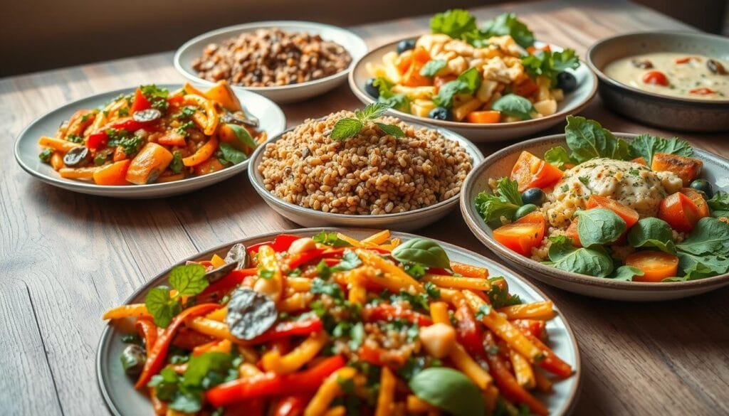 A bountiful spread of vibrant, plant-based dishes arranged on a rustic wooden table. In the foreground, a colorful vegetable stir-fry with crisp, sautéed vegetables and aromatic herbs. In the middle, a hearty lentil and quinoa salad, garnished with fresh greens and a drizzle of tangy dressing. In the background, a creamy cashew-based pasta dish, accompanied by a side of roasted vegetables and a fresh leafy salad. The scene is bathed in soft, natural lighting, creating a warm and inviting atmosphere. The overall composition evokes a sense of health, balance, and culinary delight, perfectly capturing the essence of "Explorando Opciones Vegetarianas y Veganas".