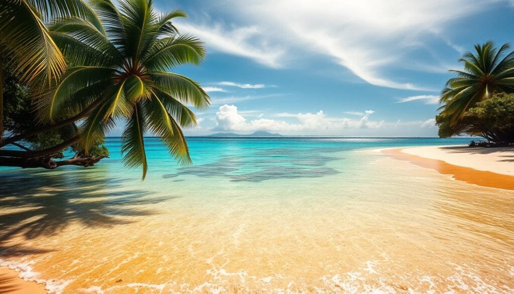 A breathtaking Caribbean beach in Costa Rica, with crystal-clear turquoise waters lapping against the pristine, golden sand. Lush, verdant palm trees sway gently in the warm, tropical breeze, casting playful shadows across the scene. In the distance, a vibrant coral reef teeming with diverse marine life shimmers beneath the surface, inviting exploration. Sunlight filters through wispy clouds, creating a warm, inviting glow that illuminates the entire landscape. The overall atmosphere exudes a sense of tranquility, natural beauty, and the captivating essence of the Costa Rican Caribbean coast.