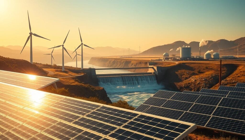 A breathtaking landscape showcasing the future of renewable energy technologies. In the foreground, sleek solar panels glisten in the warm afternoon sunlight, harnessing the power of the sun. Behind them, towering wind turbines spin gracefully, their blades carving through the sky. In the middle ground, a modern hydroelectric dam spans a rushing river, water cascading over its gleaming surface. In the distance, a geothermal power plant emits wisps of steam, blending seamlessly with the rolling hills. The scene is bathed in a soft, golden glow, conveying a sense of harmony and progress towards a sustainable future. The composition is balanced, with each renewable energy source complementing the others, creating a visually stunning and environmentally conscious landscape.