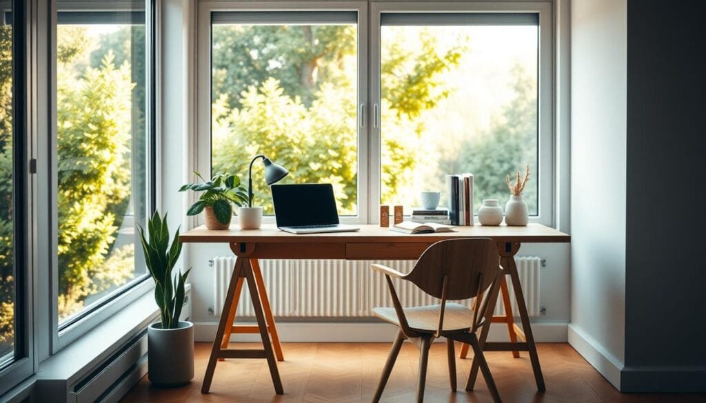A bright, airy study space with large windows overlooking a lush, green outdoor scene. Warm, natural lighting filters in from the side, casting a soft glow on a minimalist wooden desk and matching chair. A potted plant and a few decorative objects add subtle touches of personality. The desk is neatly organized with a laptop, a few books, and a pair of noise-canceling headphones, creating an atmosphere of focused concentration and productivity. The background is slightly blurred, emphasizing the central study zone and conveying a sense of calm and tranquility.