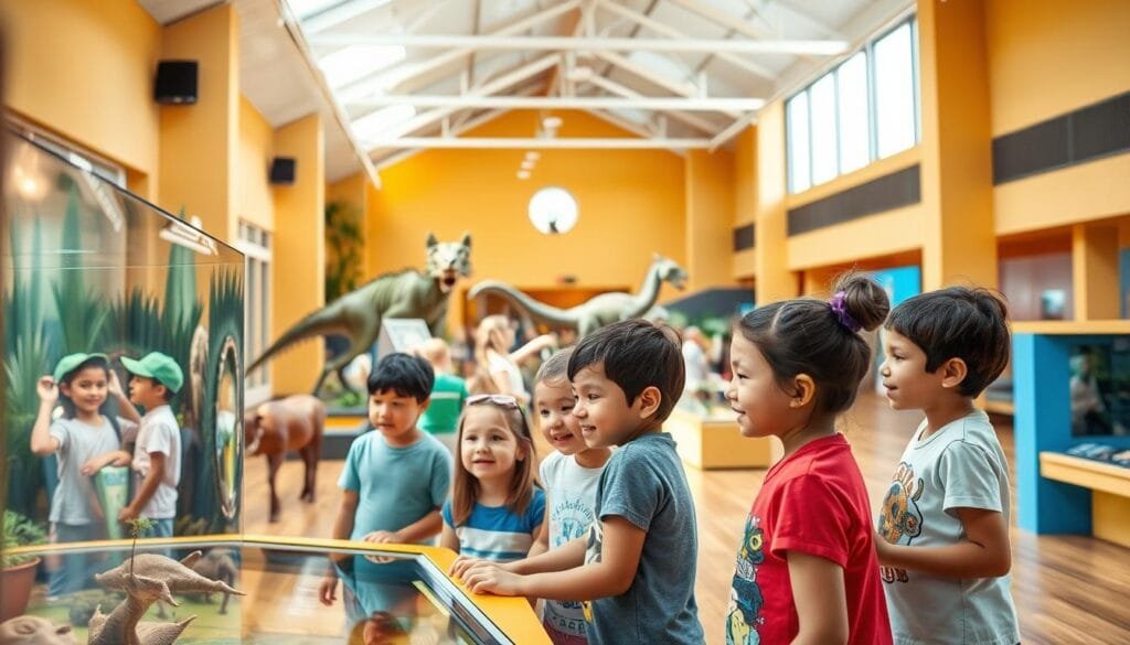A bright, cheerful museum interior showcasing natural history exhibits for children. In the foreground, a group of young visitors are gathered around an interactive display, their faces alight with wonder and curiosity. The middle ground features informative dioramas and life-size animal models, inviting further exploration. The background reveals high ceilings, large windows, and a sense of open, welcoming space, bathed in warm, natural lighting. The overall atmosphere is one of active learning, imagination, and delight, perfectly suited for a family-friendly destination in the heart of Cuenca.