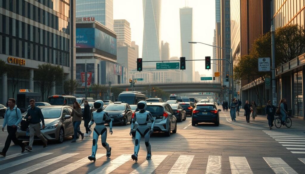 A bustling city street, with intelligent agents seamlessly navigating the urban landscape. In the foreground, a pair of robotic assistants guide a group of pedestrians, their movements fluid and natural. In the middle ground, autonomous vehicles zip through traffic, communicating with each other and traffic signals to ensure smooth flow. In the background, towering skyscrapers and advanced infrastructure blend technology and architecture. The scene is bathed in warm, diffuse lighting, creating a sense of harmony and efficiency. The agents interact with the environment and with humans in a nuanced, intuitive manner, showcasing the power of AI to simplify and enhance real-world experiences.