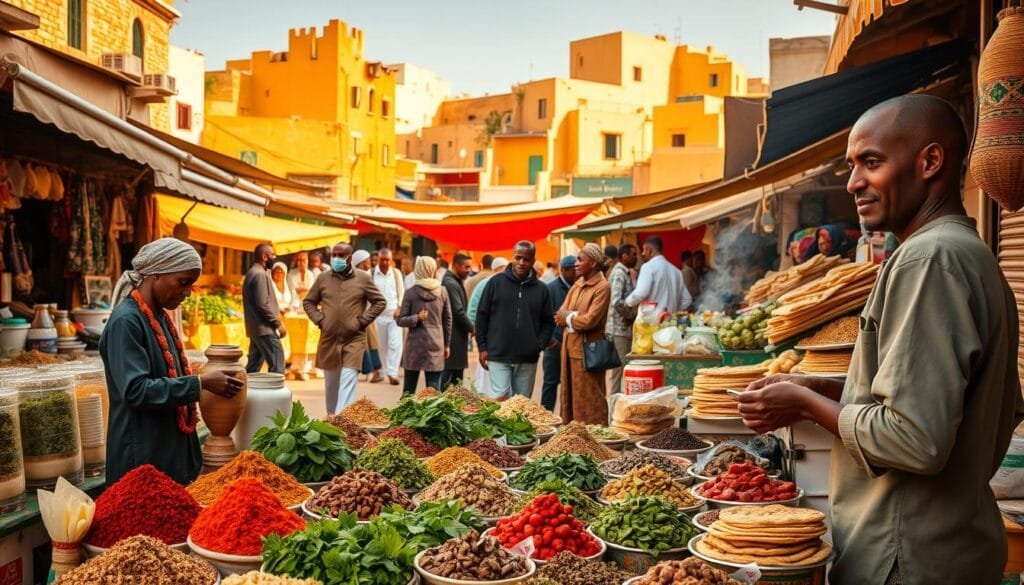 A bustling marketplace in a vibrant North African city, where the scents of spices, grilled meats, and freshly baked flatbreads mingle in the air. In the foreground, a vendor skillfully arranges an array of colorful, fragrant herbs and pastes, representing the fusion of African and Middle Eastern culinary traditions. In the middle ground, shoppers haggle with merchants, surrounded by stalls displaying an assortment of exotic fruits, vegetables, and handcrafted goods. The background is a tapestry of sun-drenched buildings, their facades adorned with intricate architectural details that reflect the region's rich cultural heritage. The scene is illuminated by warm, golden sunlight, casting a vibrant, inviting atmosphere that captures the essence of this delectable culinary melting pot.