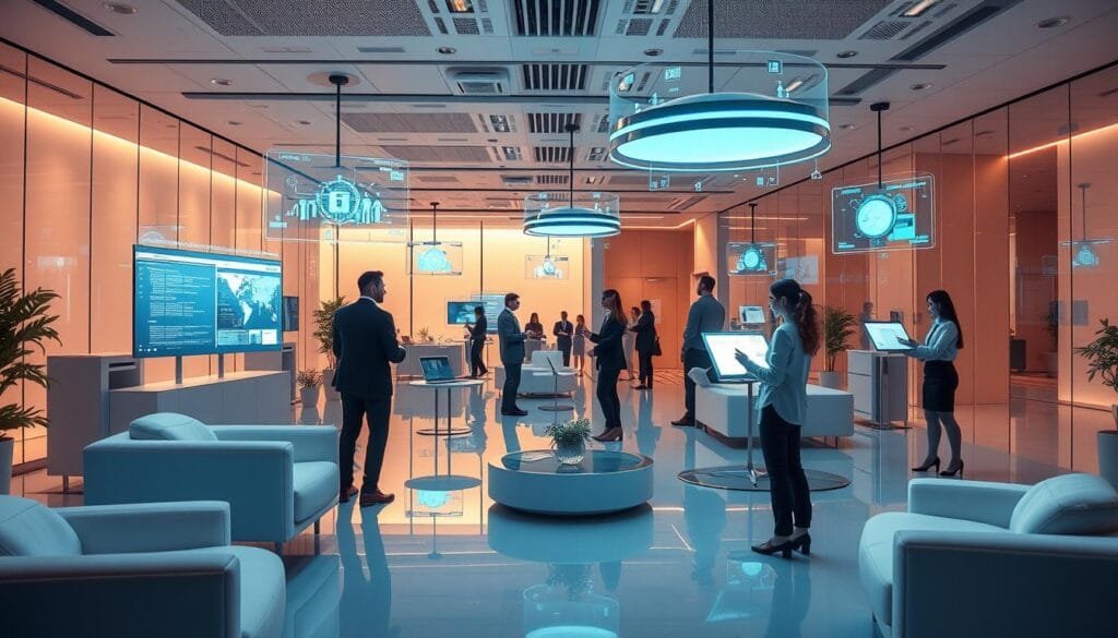 A bustling office space in the metaverse, with holographic displays and augmented reality interfaces floating seamlessly around the room. Sleek, futuristic furniture and transparent walls create a sense of openness and innovation. Figures in business attire collaborate on virtual projects, their movements mirrored by responsive digital avatars. Soft, diffused lighting casts a warm glow, underscoring the harmonious fusion of technology and productive enterprise. The scene exudes a palpable energy of progress and possibility, capturing the transformative power of the metaverse in a corporate setting.