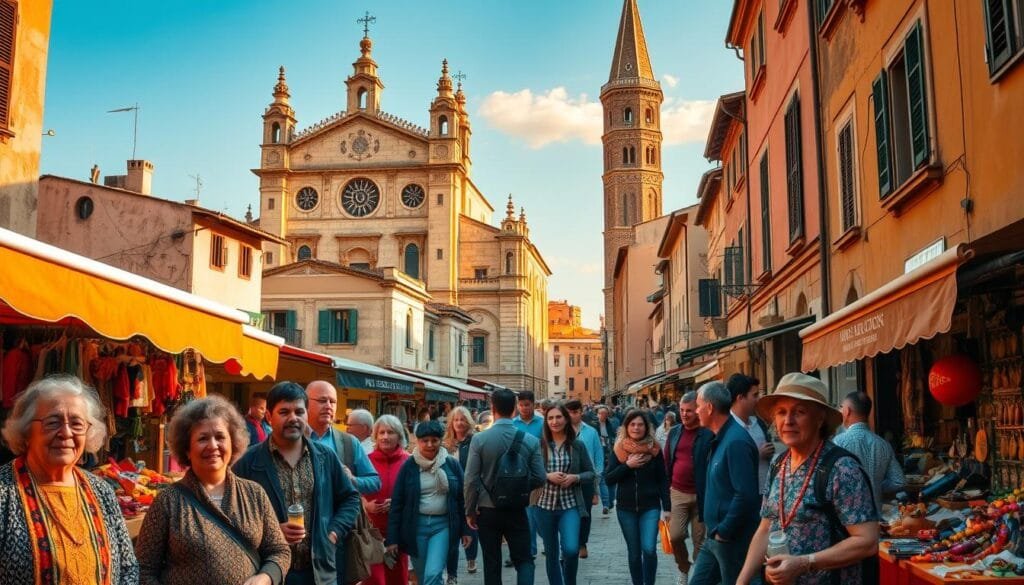 A bustling street in a vibrant, historic town, bathed in warm, golden sunlight. In the foreground, a group of local artisans showcase their handcrafted wares, their faces alight with pride. In the middle ground, a mix of curious travelers and locals mingle, exchanging stories and sharing laughter. In the background, a towering cathedral stands tall, its intricate architecture and weathered facade hinting at the rich cultural heritage of the region. The scene exudes a sense of authenticity and timelessness, inviting the modern traveler to immerse themselves in the living traditions of this unique destination.