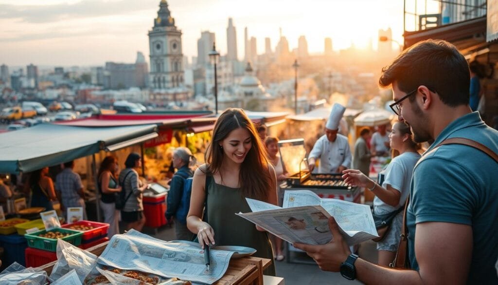 A bustling street market in a vibrant city, with colorful stalls and vendors offering a tantalizing array of local delicacies. In the foreground, a group of friends planning their gastronomic adventure, poring over maps and guidebooks, their faces alight with excitement. The middle ground features a chef expertly preparing a renowned street food dish, the sizzling aromas wafting through the air. In the background, a panoramic view of the city's skyline, with iconic landmarks hinting at the diverse cultural influences that shape the local cuisine. The scene is bathed in warm, golden light, evoking a sense of culinary exploration and the joy of discovering new flavors.