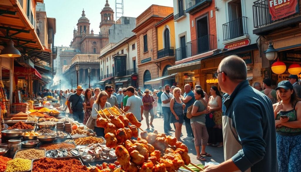 A bustling street market in a vibrant, sun-drenched city, stalls overflowing with an array of aromatic spices, sizzling meats, and colorful produce. In the foreground, a vendor skillfully grills skewers of marinated chicken, their savory scent wafting through the air. The middle ground features a kaleidoscope of sights and sounds - locals and travelers alike haggling with merchants, tasting samples of exotic fruits, and chatting animatedly. In the background, a tapestry of architectural styles, from ancient stone buildings to modern high-rises, creates a captivating backdrop for this "Aventura de Sabores" - a culinary adventure that engages all the senses. Warm, natural lighting illuminates the scene, conveying a sense of vibrancy and exploration.