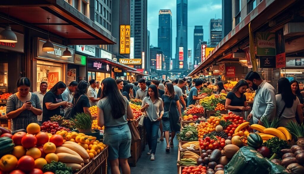 A bustling urban scene, highlighting the "Mitos Alimenticios" or popular food myths. In the foreground, a vibrant market stall showcases a variety of exotic fruits and vegetables, their colors and textures inviting the viewer to explore. In the middle ground, people of diverse backgrounds move through the scene, some engaged in lively conversations, others examining the produce with a discerning eye. The background features a cityscape of towering skyscrapers and neon-lit signage, creating a sense of a dynamic, modern metropolis. Warm, diffused lighting bathes the scene, evoking a sense of comfort and authenticity. The overall composition conveys the intersection of urban life, food culture, and the persistent myths that shape our perceptions of what we consume.