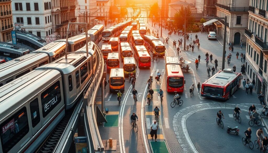 A bustling urban scene showcasing the diverse modes of public transportation in a local community. In the foreground, a modern metro train glides effortlessly along elevated tracks, its sleek design and polished exterior reflecting the vibrant energy of the city. Surrounding it, a fleet of colorful buses navigates the crowded streets, their passengers disembarking at well-marked stations. In the middle ground, a network of bike lanes weaves through the urban landscape, cyclists of all ages pedaling with purpose. In the background, a maze of narrow alleyways and cobblestone roads hint at the charming character of the neighborhood, pedestrians strolling leisurely and stopping to chat with local vendors. Warm, golden light filters through the scene, illuminating the diverse modes of mobility that allow the community to thrive.