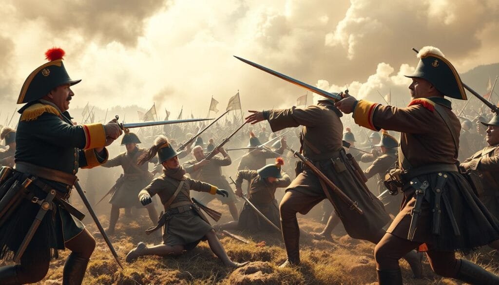 A chaotic battlefield scene from a historic clash, with soldiers and officers in period-accurate uniforms embroiled in a comically absurd clash. In the foreground, two generals are engaged in a sword fight, their expressions twisted in exaggerated befuddlement. Nearby, troops from both sides are running about aimlessly, accidentally colliding with each other. The middle ground is a swirling melee of swords, muskets, and flailing limbs. In the background, the landscape is obscured by billowing smoke, adding to the sense of confusion. The lighting is dramatic, with beams of sunlight piercing through the haze, casting an almost theatrical glow over the entire tableau. The composition is slightly off-kilter, heightening the impression of chaos and absurdity.
