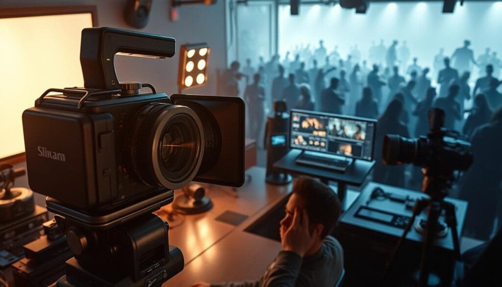 A cinematic technological landscape, where cutting-edge digital tools and time-honored analog techniques converge. In the foreground, a sleek, modern camera poised to capture the scene, its lens reflecting the soft, warm glow of studio lighting. Surrounding it, an array of futuristic-looking devices, their surfaces gleaming with metallic accents. In the middle ground, an editor's workstation, its multiple screens displaying intricate visual effects and motion graphics. In the background, a vast expanse of shadowy silhouettes, hinting at the rich history and tradition of filmmaking, from vintage film reels to iconic cameras of the past. The entire scene exudes a sense of creative energy, a fusion of old and new, analog and digital, poised to redefine the boundaries of cinematic storytelling.