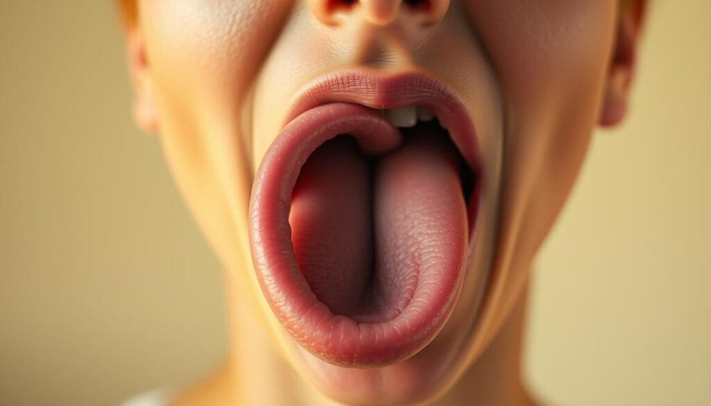 A close-up portrait of the world's longest tongue, protruding from a gently parted mouth against a soft, out-of-focus background. The tongue stretches far beyond the lips, coiling and unfurling in a mesmerizing display. Warm, natural lighting casts a gentle glow, highlighting the texture and movement of the flexible, muscular organ. The composition is tightly framed, drawing the viewer's attention to the remarkable, almost unbelievable sight. The mood is one of fascination and wonder, inviting the viewer to marvel at this unique, record-breaking anatomical feature.